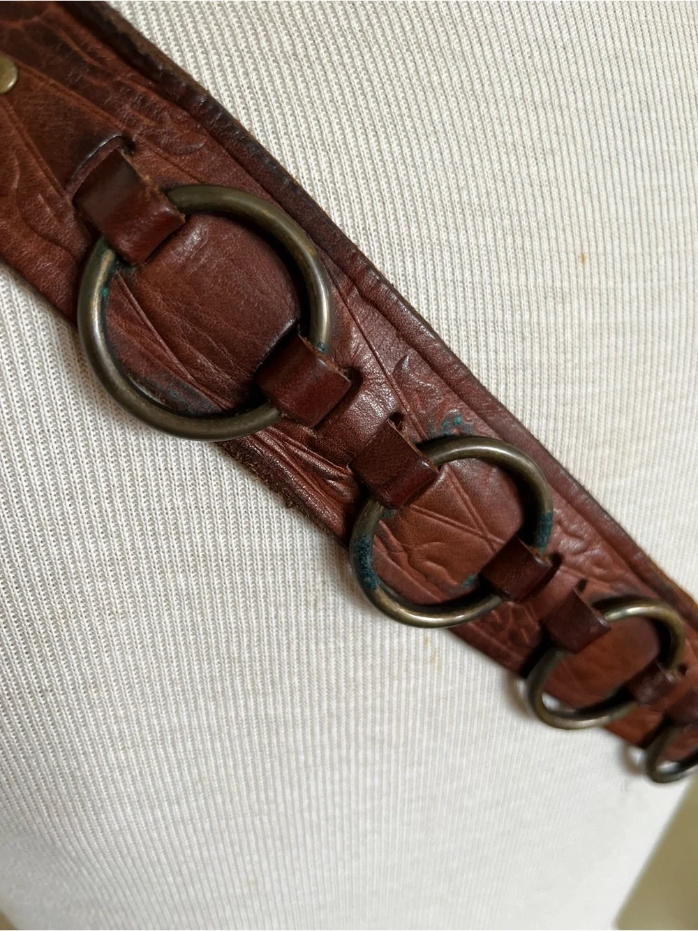 Vintage Leather Belt with Brass Ring Adornment and Buckle Size 38 - Picture 12 of 14
